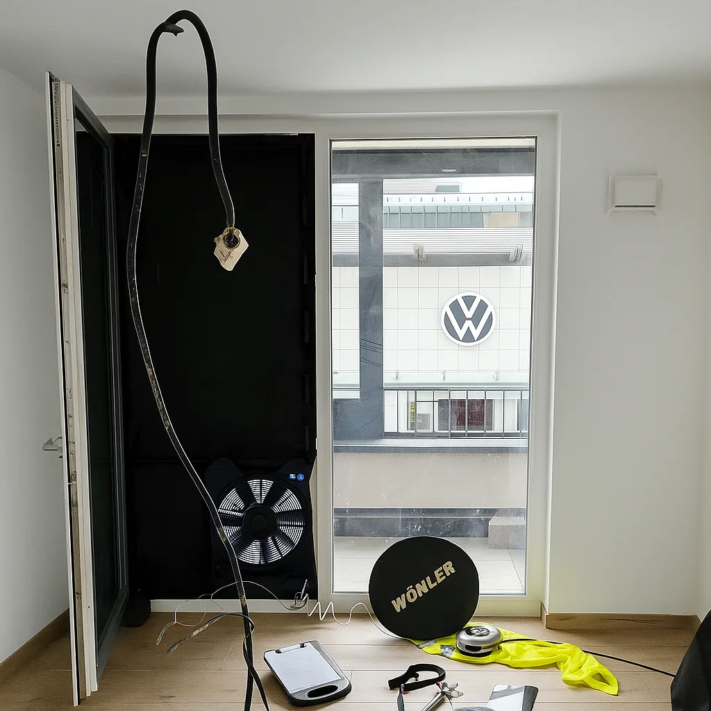 U-Wert-Messgerät mit Wärmestromsensor an einer Bestandswand
