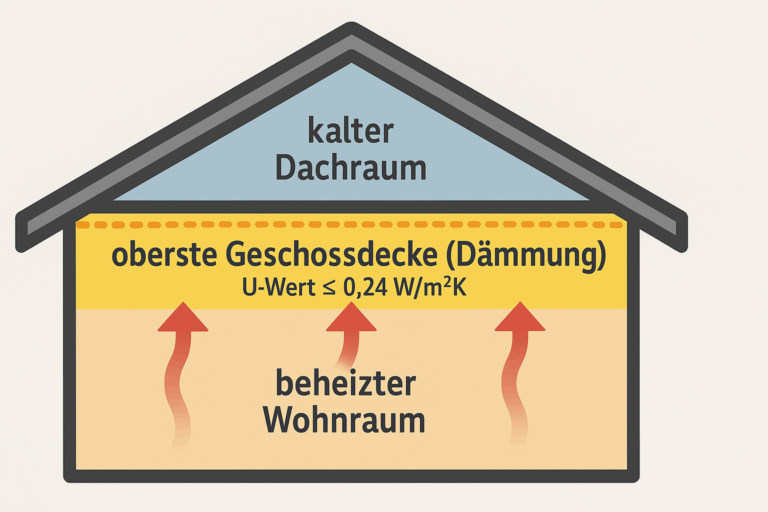 Infografik zur Dämmung der obersten Geschossdecke: beheizter Wohnraum, kalter Dachraum, U-Wert ≤ 0,24 W/m²K
