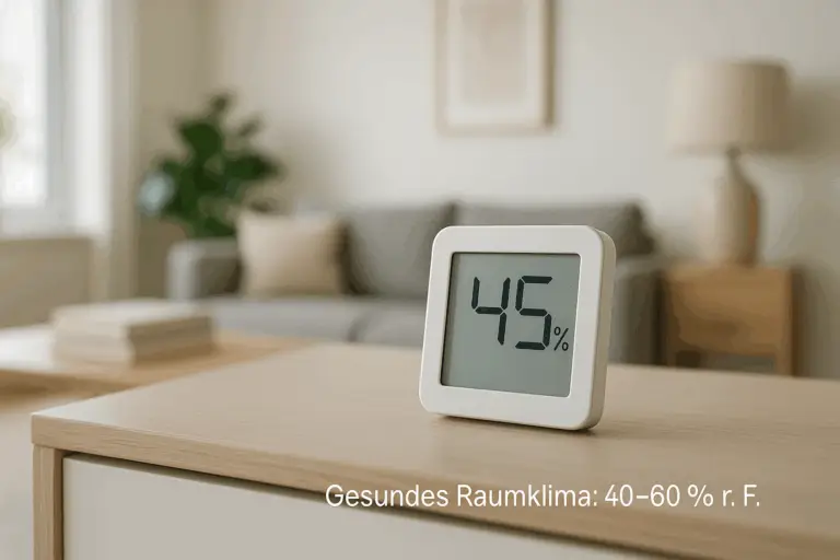Hygrometer im Wohnzimmer zeigt 45 % Luftfeuchtigkeit – optimales Raumklima zwischen 40 und 60 % r. F.