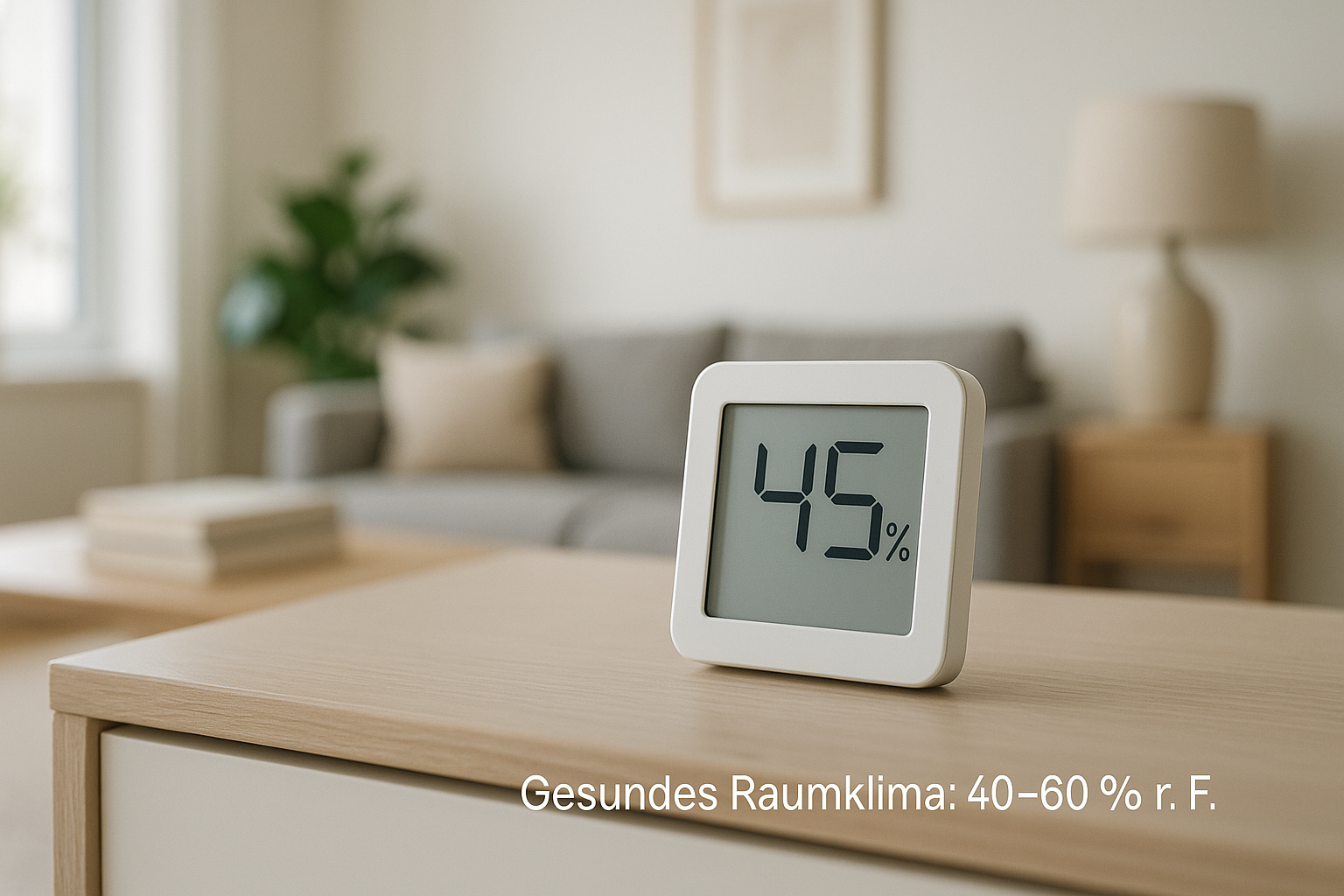 Hygrometer richtig einsetzen: Anzeige etwa 45 % relative Luftfeuchte in einem Wohnraum, ideales Raumklima zwischen 40 und 60 Prozent