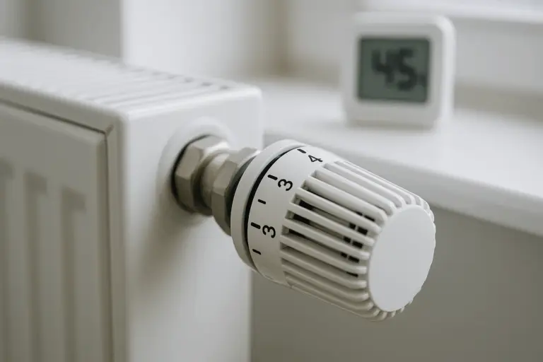 Nahaufnahme eines Heizkörpers mit Thermostat – richtig heizen für gesundes Raumklima