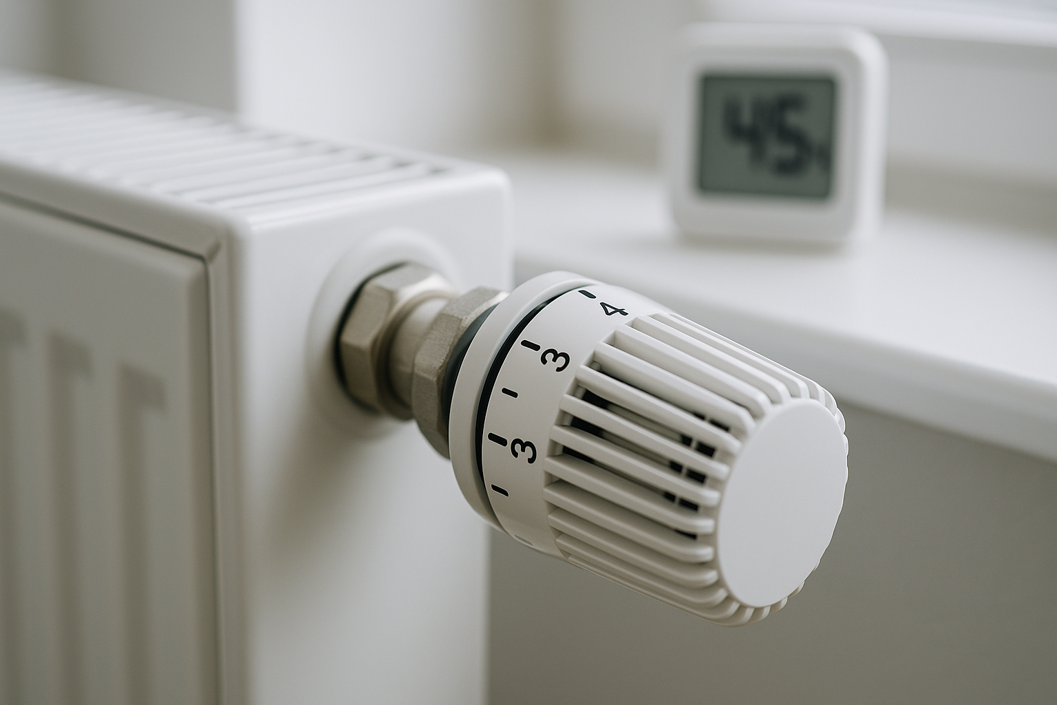 Thermostat an Heizkörper zeigt etwa 20–21 °C; daneben ein Hygrometer mit etwa 45 % relativer Luftfeuchte in einem hellen Wohnraum