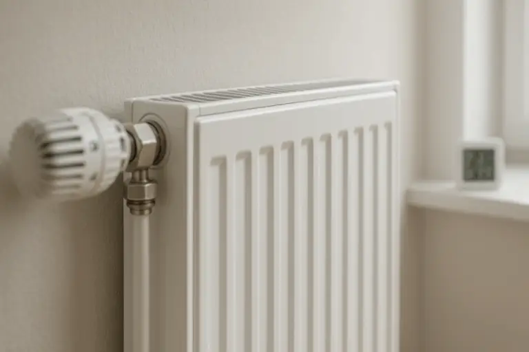 Moderner weißer Heizkörper im Wohnraum mit Thermostat – effizientes Heizen