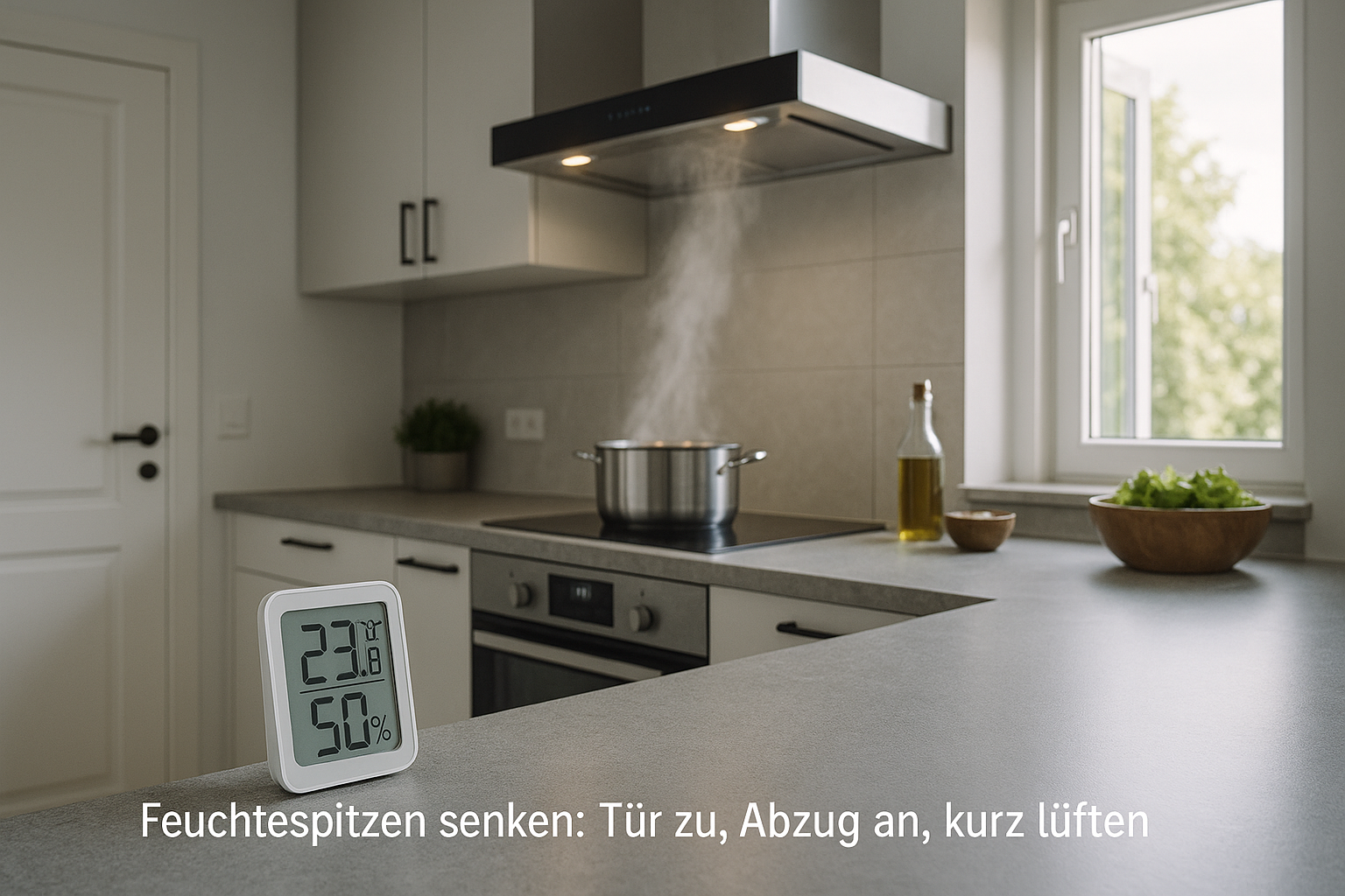 Bad & Küche: Tür geschlossen, Dunstabzug läuft, Fenster zum Stoßlüften geöffnet; Hygrometer zeigt 50 % r. F.; wenig Dampf, klare Luft