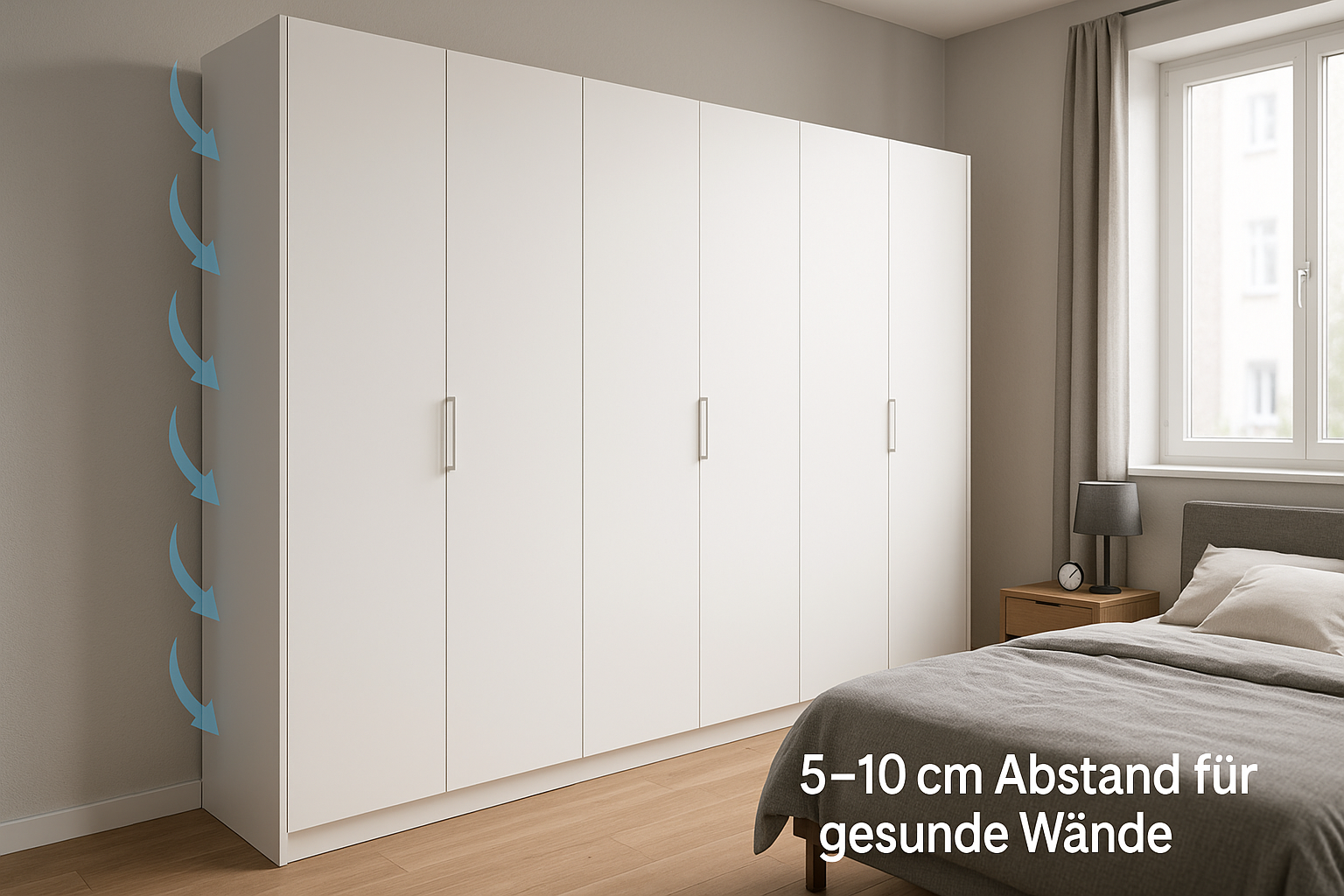 Möbelabstand zur Außenwand: Klebelineal an der Wand zeigt 5–10 cm Abstand hinter einem Schrank; Luftzirkulation sichtbar, trockene Wand ohne Schimmelflecken