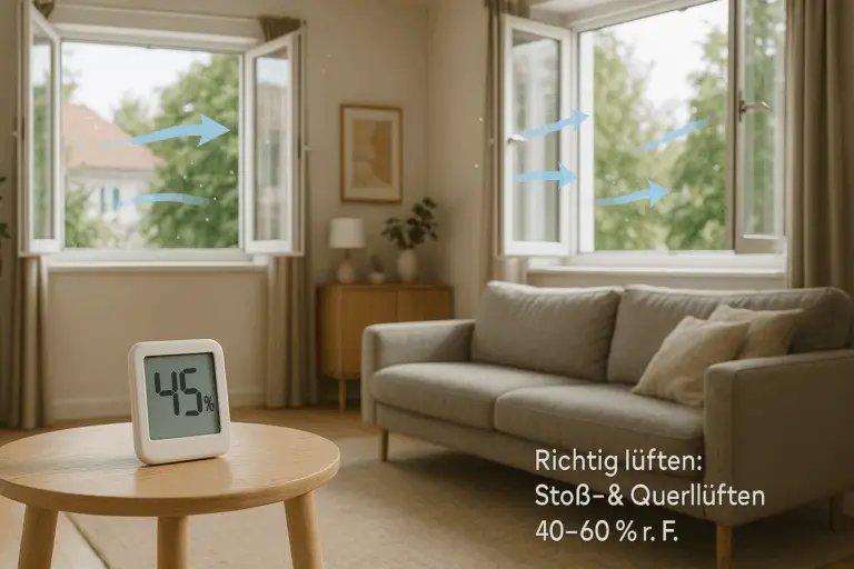 Offene Fenster mit frischer Luftzufuhr, Hygrometer zeigt optimale Luftfeuchtigkeit von 45 % – richtig lüften durch Stoß- und Querlüften