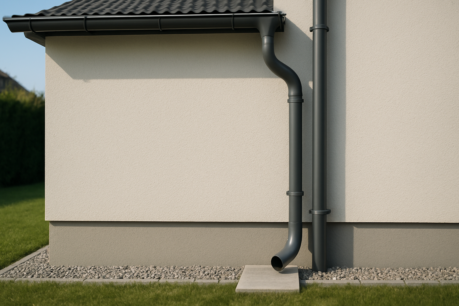 Hausaußenansicht: saubere Dachrinne, freies Fallrohr, Spritzschutz an der Sockelzone; Wasser läuft geordnet vom Dach ab, Fassade trocken
