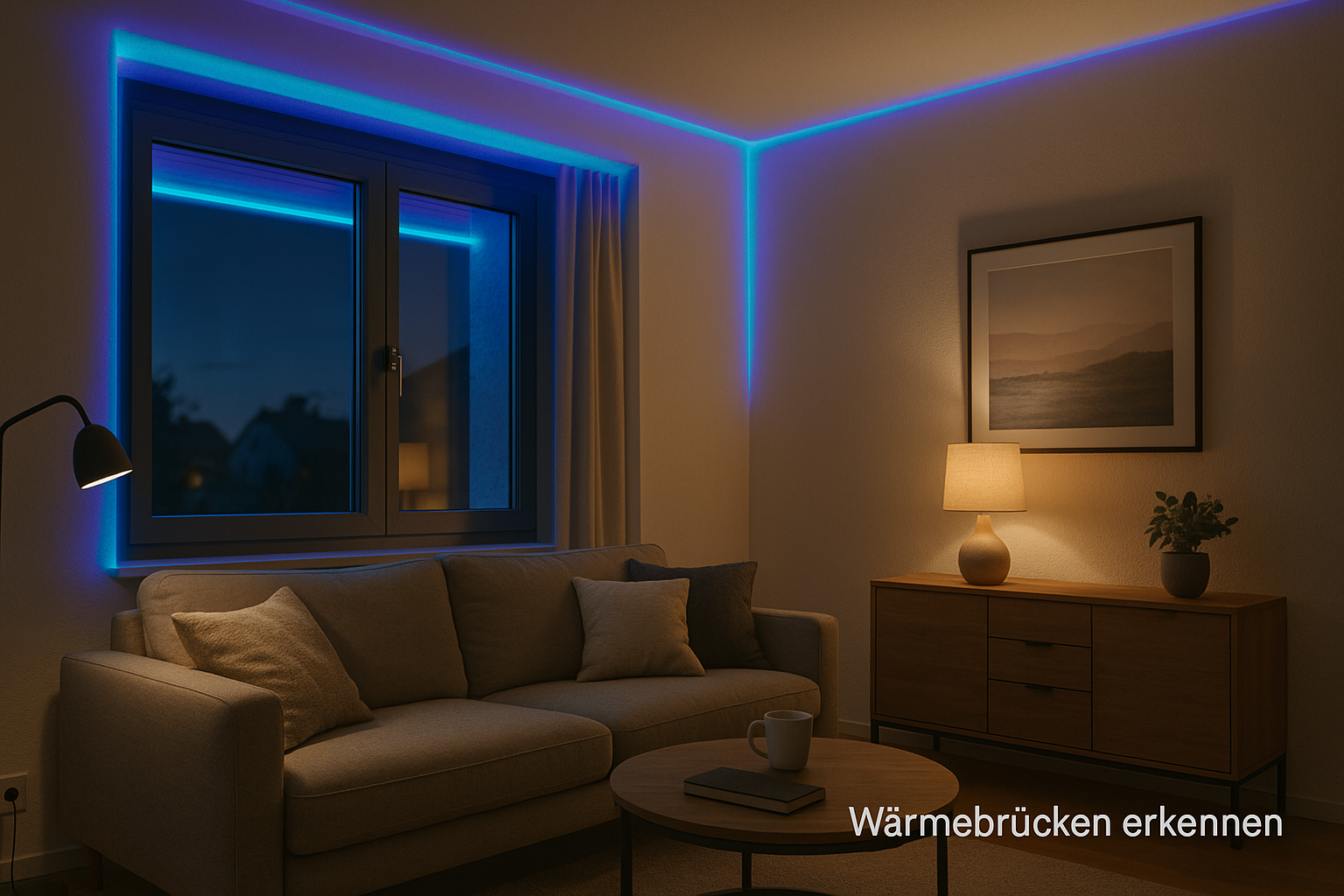 Wärmebrücken erkennen: Thermografische Ansicht zeigt kältere Zonen an Fensterlaibung, Rollladenkasten und Deckenanschluss in einem Wohnraum
