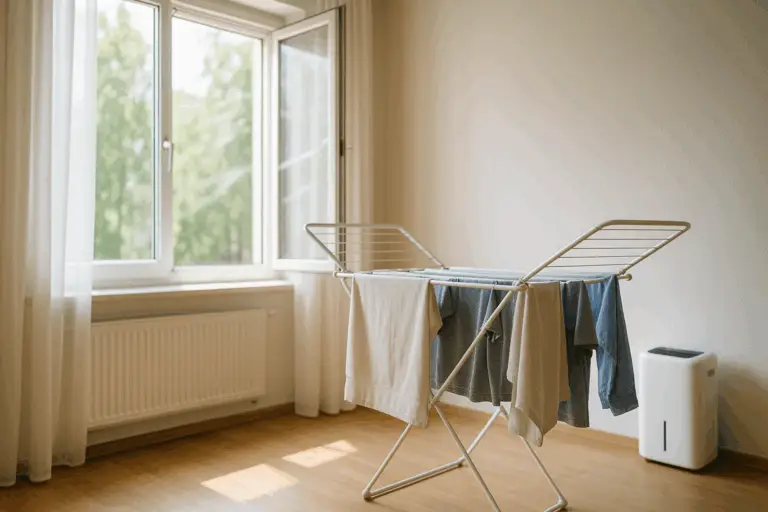 Wäscheständer in hellem Raum mit geöffnetem Fenster – richtig lüften beim Wäschetrocknen